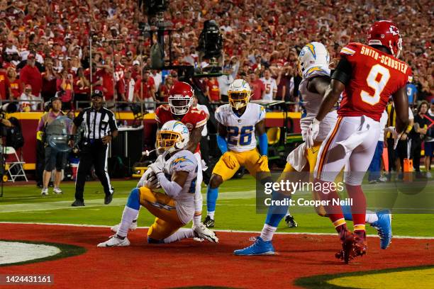 Bryce Callahan of the Los Angeles Chargers recovers the ball kc at GEHA Field at Arrowhead Stadium on September 15, 2022 in Kansas City, Missouri.