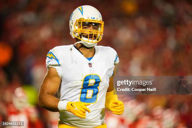 Kyle Van Noy of the Los Angeles Chargers gets set against the Kansas City Chiefs at GEHA Field at Arrowhead Stadium on September 15, 2022 in Kansas...