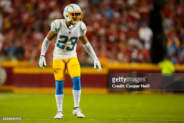 Bryce Callahan of the Los Angeles Chargers signals to teammates against the Kansas City Chiefs at GEHA Field at Arrowhead Stadium on September 15,...