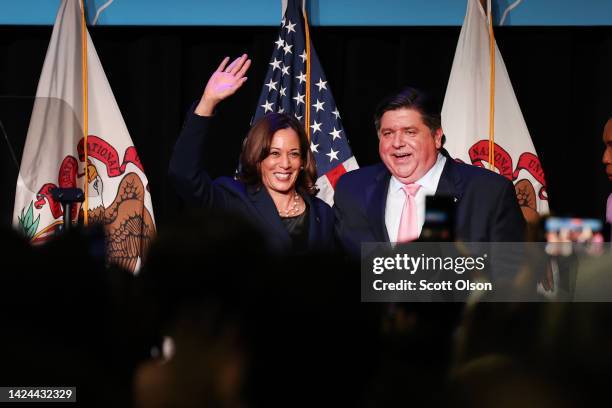 Vice President Kamala Harris participates in a rally to support Illinois Democrats with Illinois Governor J.B. Pritzker on the campus of UIC on...