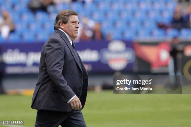 Miguel Herrera, head coach of Tigres, reacts during the 15th round match between Puebla and Tigres UANL as part of the Torneo Apertura 2022 Liga MX...