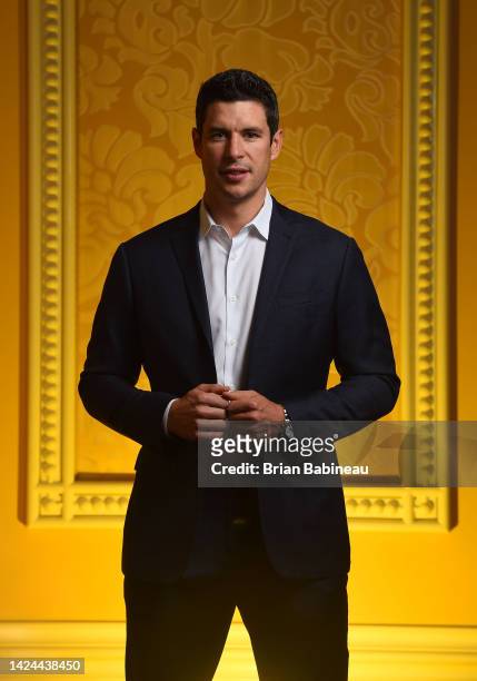 September 16: Sidney Crosby of the Pittsburgh Penguins poses for a portrait during the NHL Player Media Tour on September 16, 2022 in Las Vegas,...