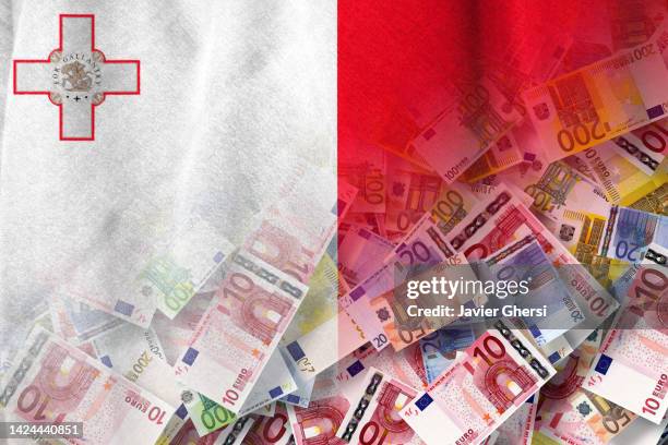 euro cash banknotes and malta flag - malta business stock pictures, royalty-free photos & images