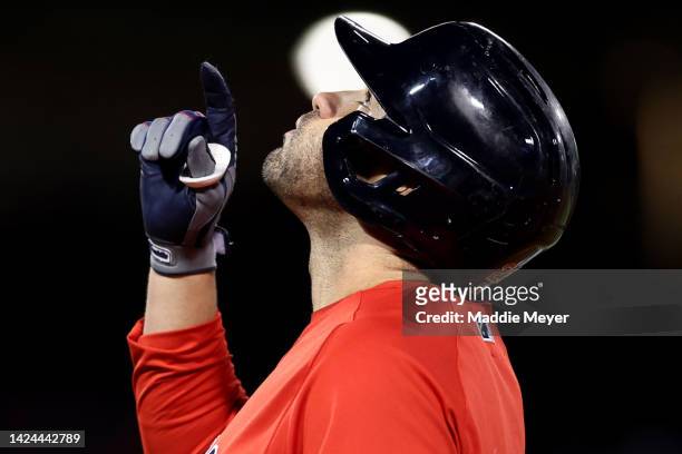 Martinez of the Boston Red Sox celebrates after his RBI single for Abraham Almonte to score during the eighth inning against the Kansas City Royals...