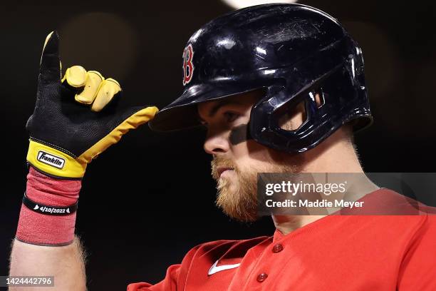 Christian Arroyo of the Boston Red Sox celebrates after hitting a single against the Kansas City Royals during the fifth inning at Fenway Park on...