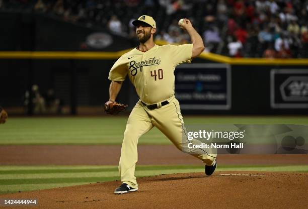 Madison Bumgarner of the Arizona Diamondbacks delivers a first inning pitch against the San Diego Padres at Chase Field on September 16, 2022 in...