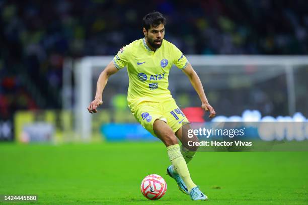 Nestor Araujo of America runs with the ball during the 5th round match between America and Santos Laguna as part of the Torneo Apertura 2022 Liga MX...