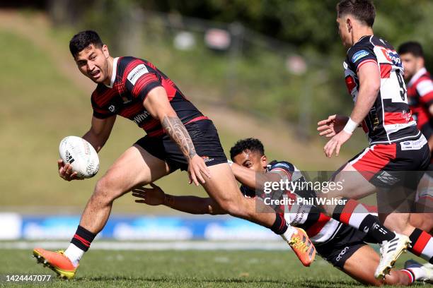 Rameka Poihipi of Canterbury is tackled during the round seven Bunnings NPC match between Counties Manukau and Canterbury at Navigation Homes...