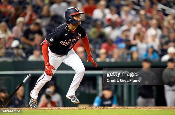 Abrams of the Washington Nationals drives in two runs with a triple in the seventh inning against the Miami Marlins at Nationals Park on September...