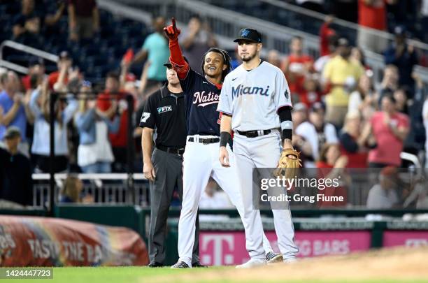 Abrams of the Washington Nationals celebrates after driving in two runs with a triple in the seventh inning against the Miami Marlins at Nationals...