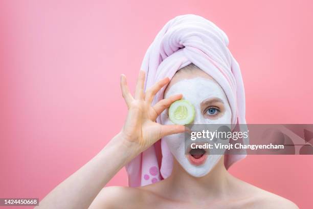 female beauty with cucumber treatment - funny facial hair stock pictures, royalty-free photos & images