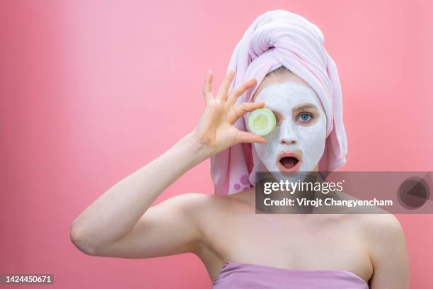 female beauty with cucumber treatment - funny facial hair stock pictures, royalty-free photos & images