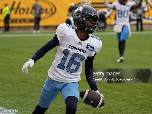 Brandon Banks of the Toronto Argonauts reacts after scoring a touchdown against the Hamilton Tiger-Cats at Tim Hortons Field on September 5, 2022 in...