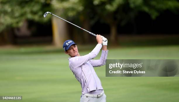 Anne van Dam of the Netherlands hits her approach shot on the ninth hole during round two of the AmazingCre Portland Classic at Columbia Edgewater...