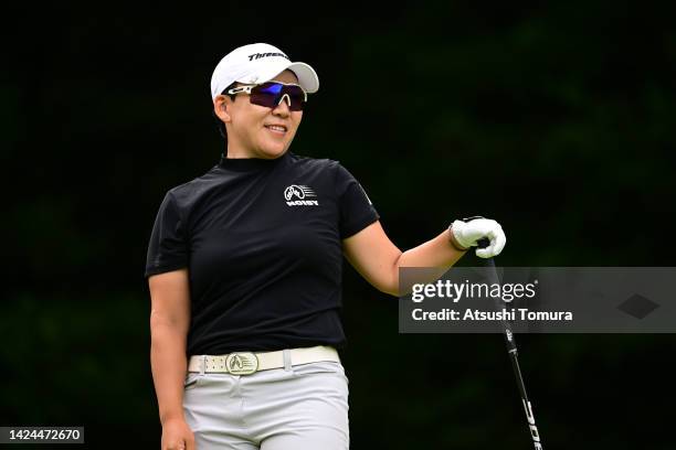 Jiyai Shin of South Korea reacts after her tee shot on the 9th hole during the second round of Sumitomo Life Vitality Ladies Tokai Classic at Shin...
