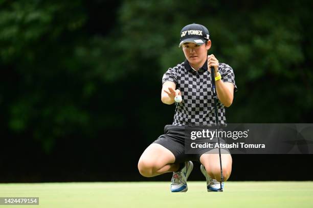 Akie Iwai of Japan lines up a putt on the 15th green during the second round of Sumitomo Life Vitality Ladies Tokai Classic at Shin Minami Aichi...