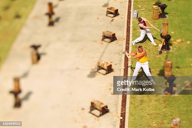 Competitor race as part of the wood chopping in the Woodchop Stadium during the 2012 Sydney Royal Easter Show at the Sydney Showground on April 5,...