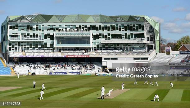 Ryan Sidebottom of Yorkshire bowls the opening ball to Scott Newman of Kent during the LV County Championship between Yorkshire and Kent at...