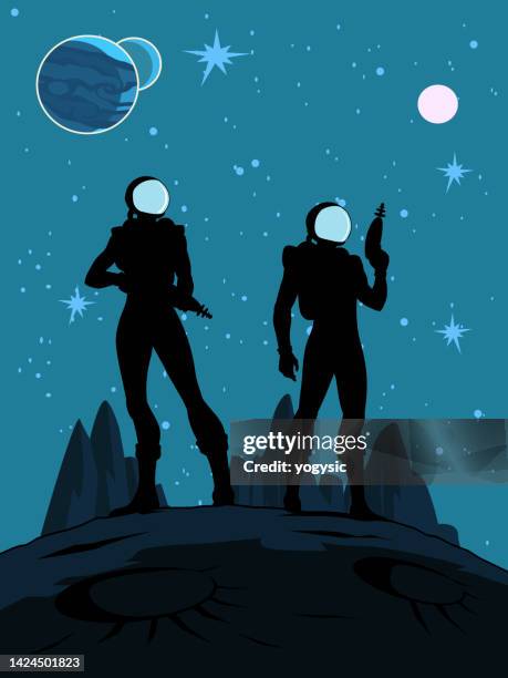 vector retro atompunk astronaut holding guns in silhouette on a planet surface stock illustration - us marine corps 幅插畫檔、美工圖案、卡通及圖標