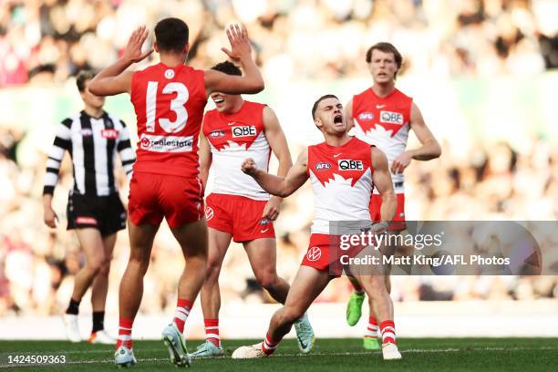 Tom Papley of the Swans celebrates a goal during the AFL Second Preliminary match between the Sydney Swans and the Collingwood Magpies at Sydney...