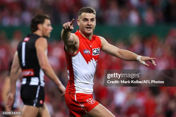 Tom Papley of the Swans celebrates kicking a goal during the AFL Second Preliminary match between the Sydney Swans and the Collingwood Magpies at...