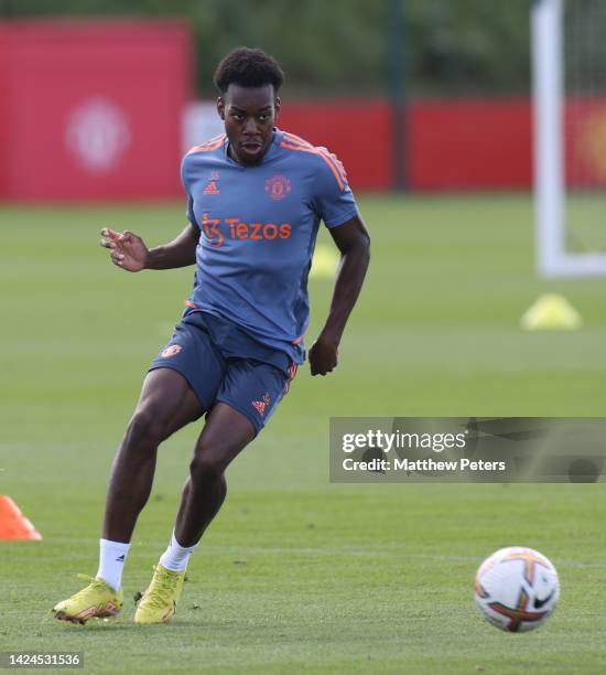 Anthony Elanga of Manchester United in action during a first team training session at Carrington Training Ground on September 16, 2022 in Manchester,...