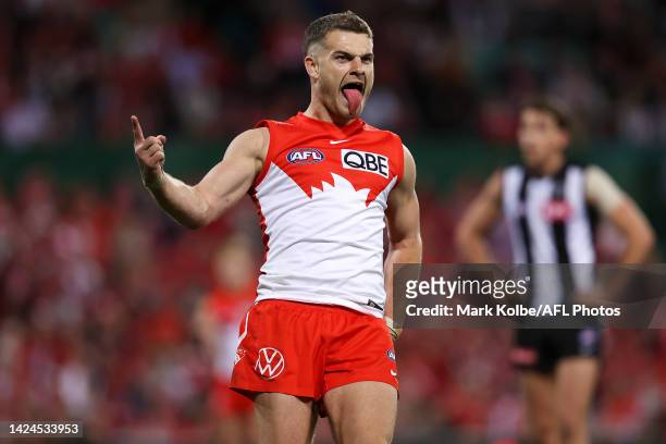 Tom Papley of the Swans celebrates kicking a goal during the AFL Second Preliminary match between the Sydney Swans and the Collingwood Magpies at...