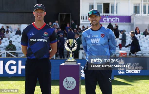 Keaton Jennings of Lancashire and Joe Denly of Kent Spitfires pose with the Royal London Trophy during the Royal London Cup Final match between Kent...