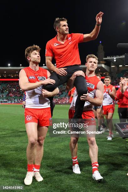 Injured retiring Swans player Josh P. Kennedy is chaired from the field during the AFL Second Preliminary match between the Sydney Swans and the...