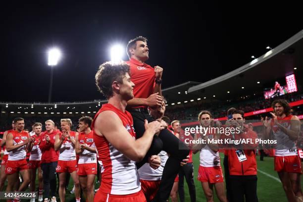 Josh P. Kennedy of the Swans is chaired from the field as the Swans celebrate victory during the AFL Second Preliminary match between the Sydney...