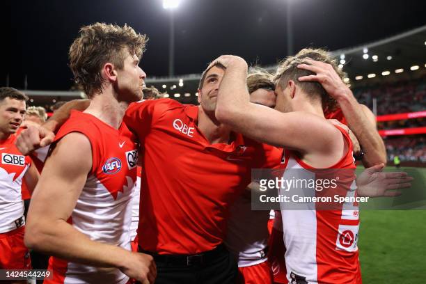 Injured retiring Swans player Josh P. Kennedy is chaired from the field during the AFL Second Preliminary match between the Sydney Swans and the...