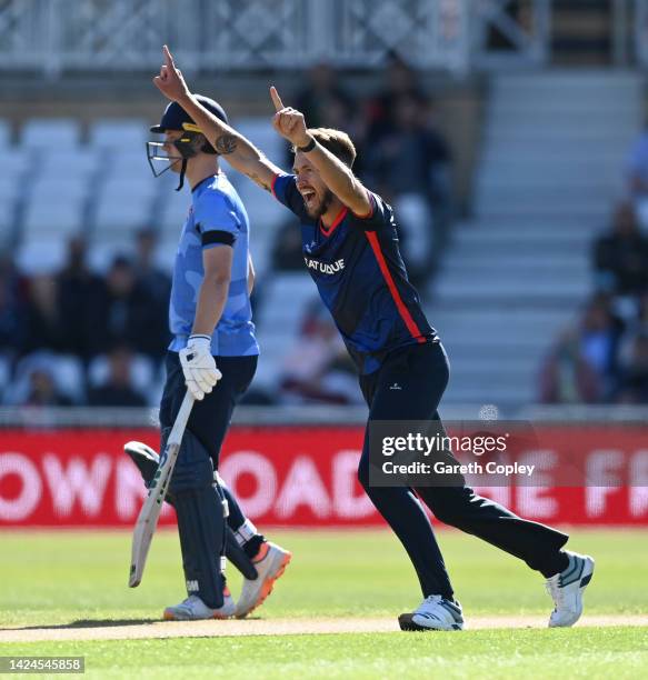 Tom Bailey of Lancashire celebrates dismissing Ben Compton of Kent during the Royal London Cup Final between Kent Spitfires and Lancashire at Trent...