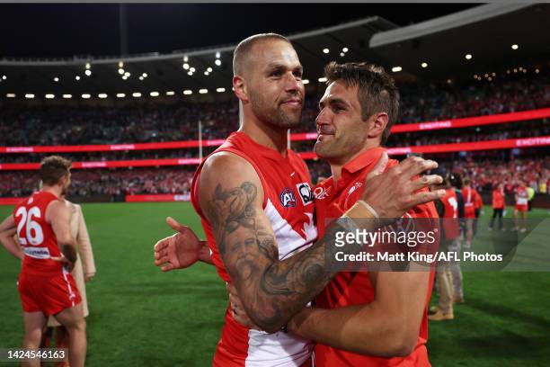 Josh P. Kennedy of the Swans embraces Lance Franklin as they celebrate victory after the AFL Second Preliminary match between the Sydney Swans and...