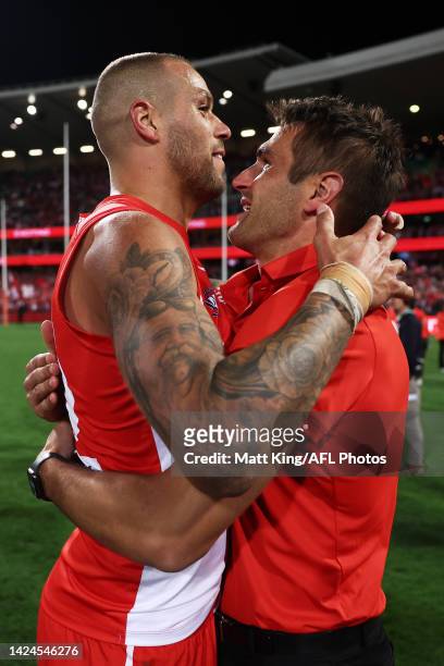 Josh P. Kennedy of the Swans embraces Lance Franklin as they celebrate victory after the AFL Second Preliminary match between the Sydney Swans and...