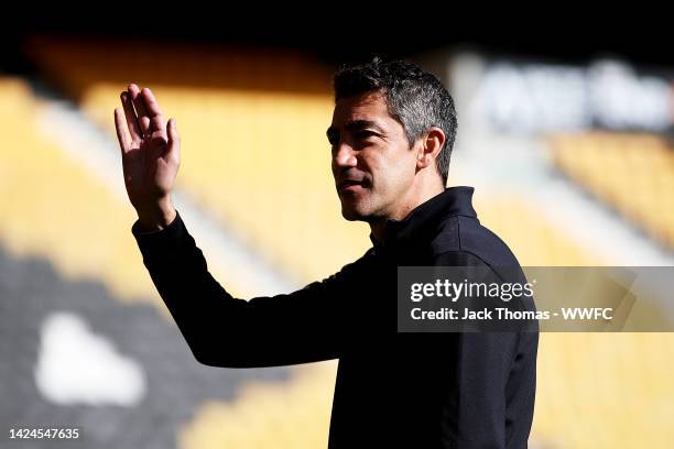 Bruno Lage, Manager of Wolverhampton Wanderers inspects the pitch ahead of the Premier League match between Wolverhampton Wanderers and Manchester...