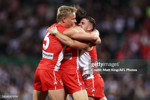 Isaac Heeney and Tom Papley of the Swans celebrate victory after the AFL Second Preliminary match between the Sydney Swans and the Collingwood...