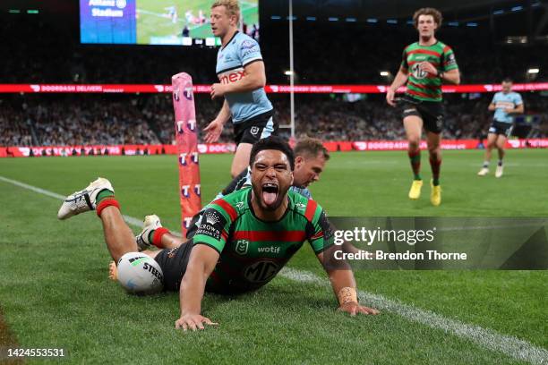 Taane Milne of the Rabbitohs celebrates a try during the NRL Semi Final match between the Cronulla Sharks and the South Sydney Rabbitohs at Allianz...