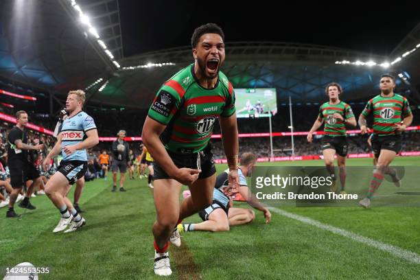 Taane Milne of the Rabbitohs celebrates a try during the NRL Semi Final match between the Cronulla Sharks and the South Sydney Rabbitohs at Allianz...