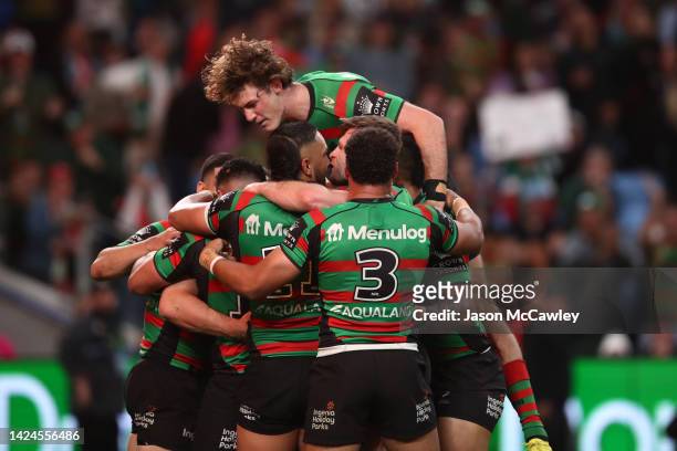 Cameron Murray of the Rabbitohs celebrates a try with team mates during the NRL Semi Final match between the Cronulla Sharks and the South Sydney...