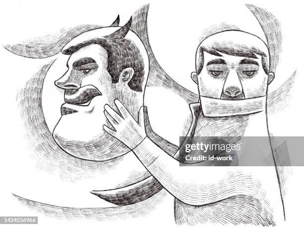 stockillustraties, clipart, cartoons en iconen met businessman holding evil man head mask drawing - hypocrisy