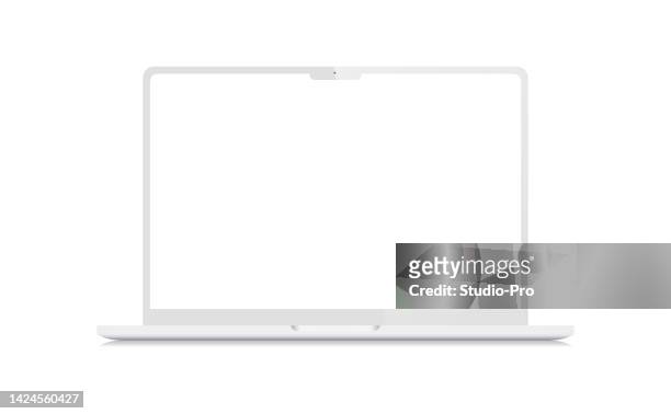 clay macbook pro mockup. blank white screen laptop vector template - computer stock illustrations