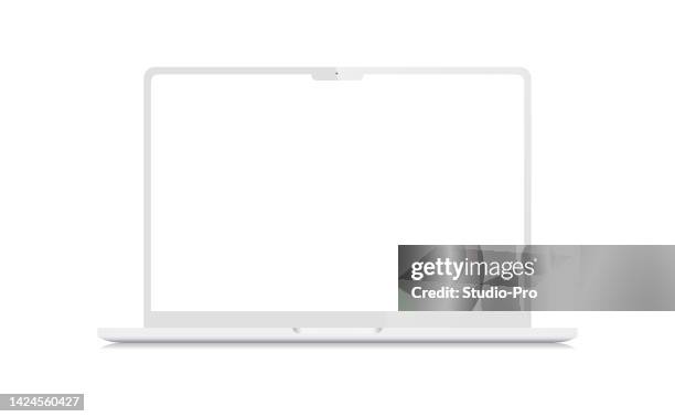 clay macbook pro mockup. blank white screen laptop vector template - m2 machine gun stock illustrations