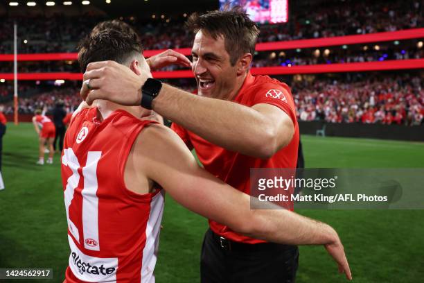 Josh P. Kennedy of the Swans embraces Errol Gulden as they celebrate victory after the AFL Second Preliminary match between the Sydney Swans and the...