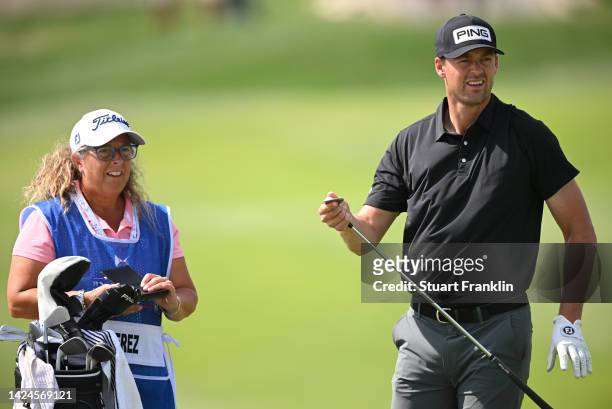 Victor Perez of France and caddie Fanny Sunesson on the first hole on Day Three of the DS Automobiles Italian Open 2022 at Marco Simone Golf Club on...