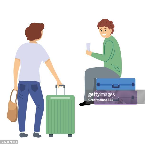 ilustraciones, imágenes clip art, dibujos animados e iconos de stock de una pareja que viaja sobre un fondo transparente - suitcase couple