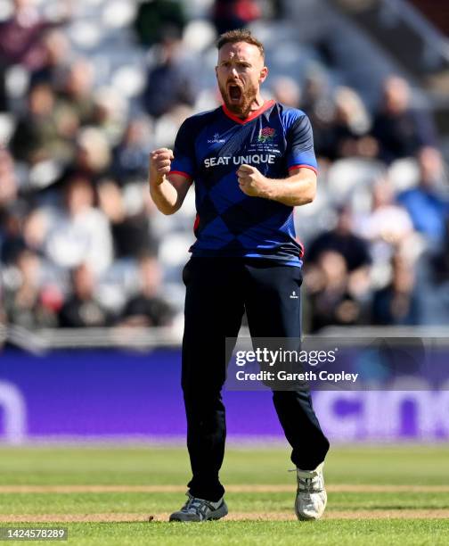 Danny Lamb of Lancashire celebrates dismissing Joey Evison of Kent during the Royal London Cup Final between Kent Spitfires and Lancashire at Trent...