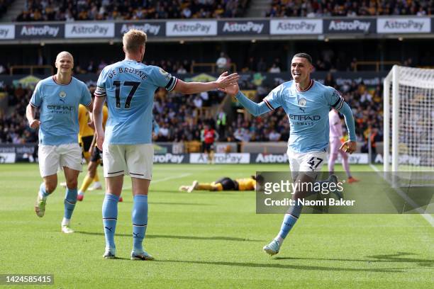 Phil Foden of Manchester City celebrates with Kevin De Bruyne after scoring their side's third goal during the Premier League match between...
