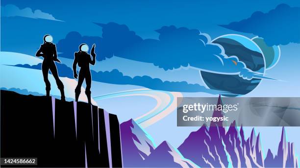 vector retro astronauts silhouette on an alien planet surface stock illustration - marine corps stock illustrations