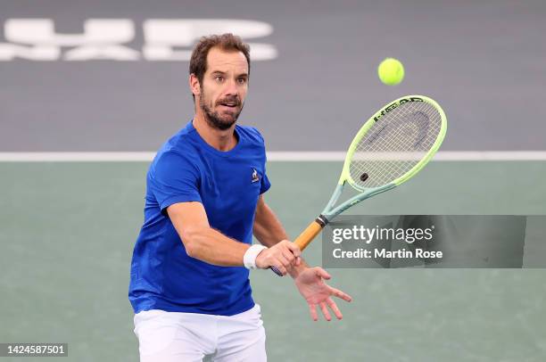 Richard Gasquet of France plays a backhand against Michael Geerts of Belgium during the Davis Cup Group Stage 2022 Hamburg match between France and...