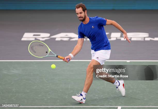 Richard Gasquet of France plays a forehand against Michael Geerts of Belgium during the Davis Cup Group Stage 2022 Hamburg match between France and...